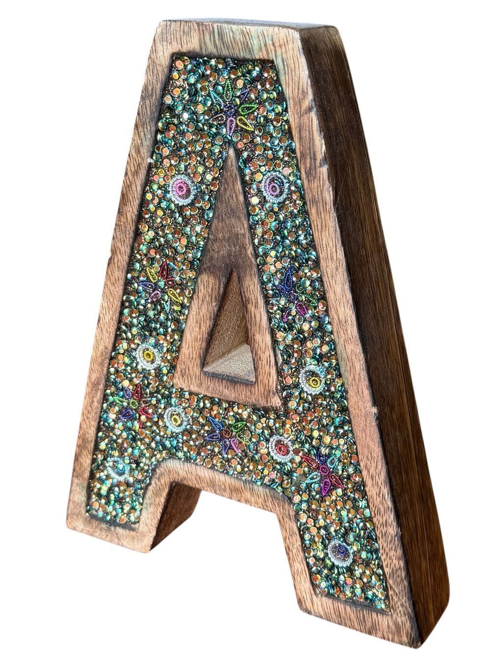 Freestanding Dimensional Wooden Letter “A” With Colorful Sequin and Beads Detail
